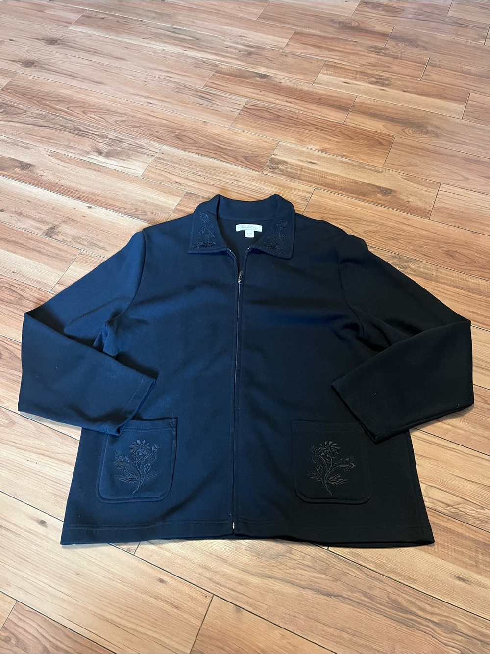 Women's Black Zip-Front Shirt Jacket with Embroidered Pockets